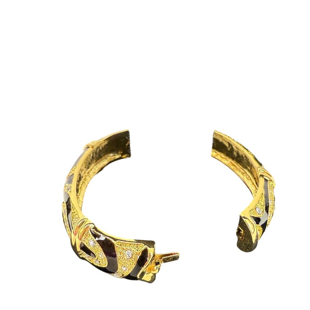 Y2k Rhinestone Gold Black Enamel Bracelet Vintage Hinged Clasp - Picture 5 of 16